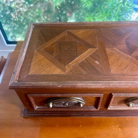 Vintage Wooden Parquet Style Two-Drawer Jewelry Trinket Box with Brass Pulls - Picture 13 of 16